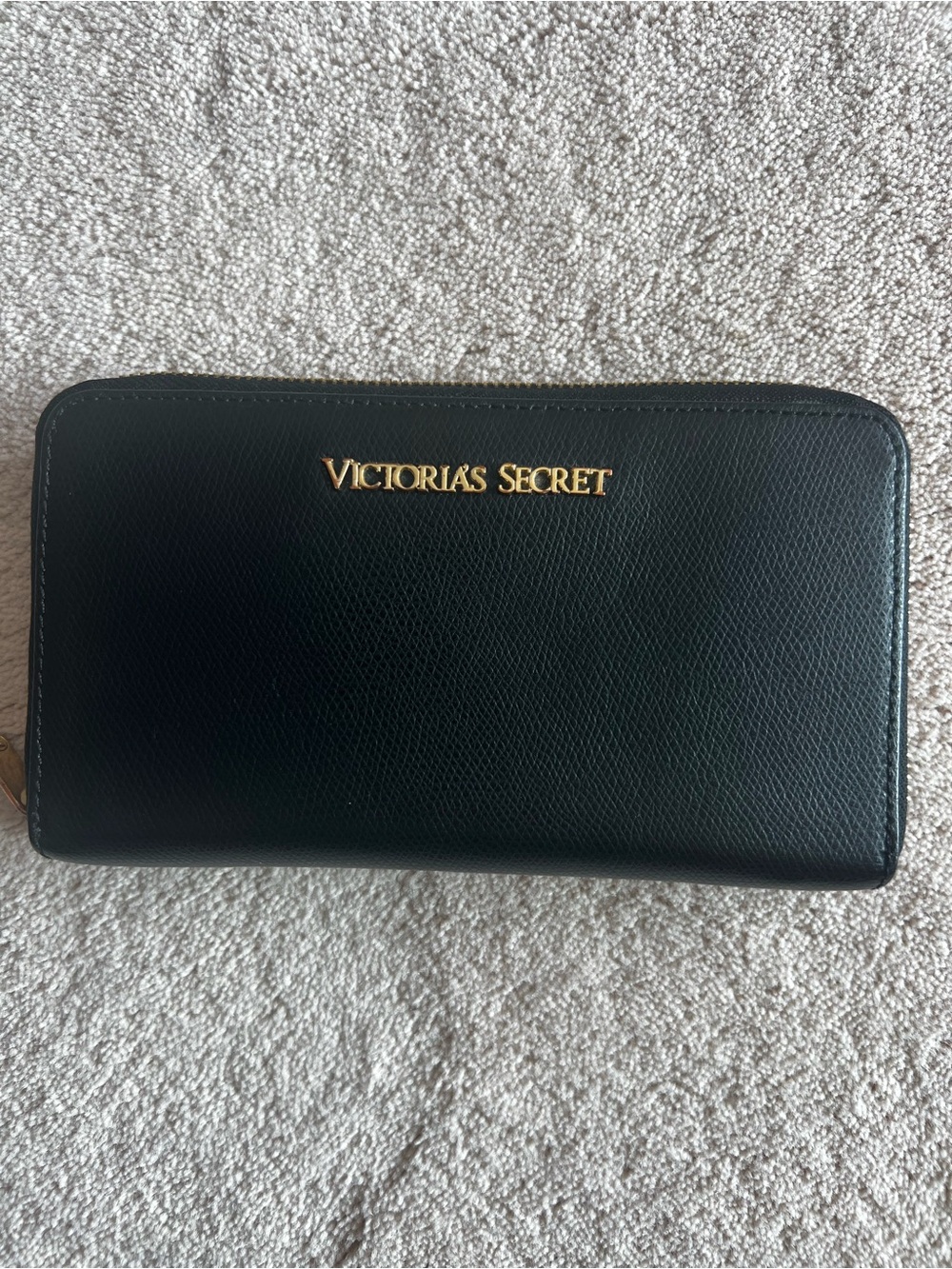 Victoria's Secret Black Leather Zip Wallet with Gold Accents-8β